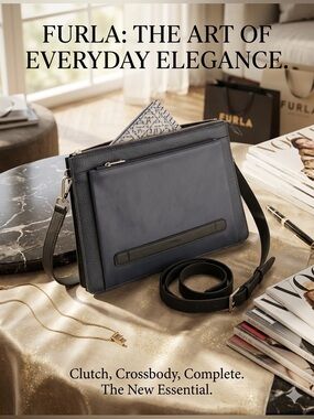 FURLA Navy Leather Crossbody Clutch with Adjustable Strap